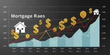 Graph of mortgage rate projections over six months with financial impact symbols.