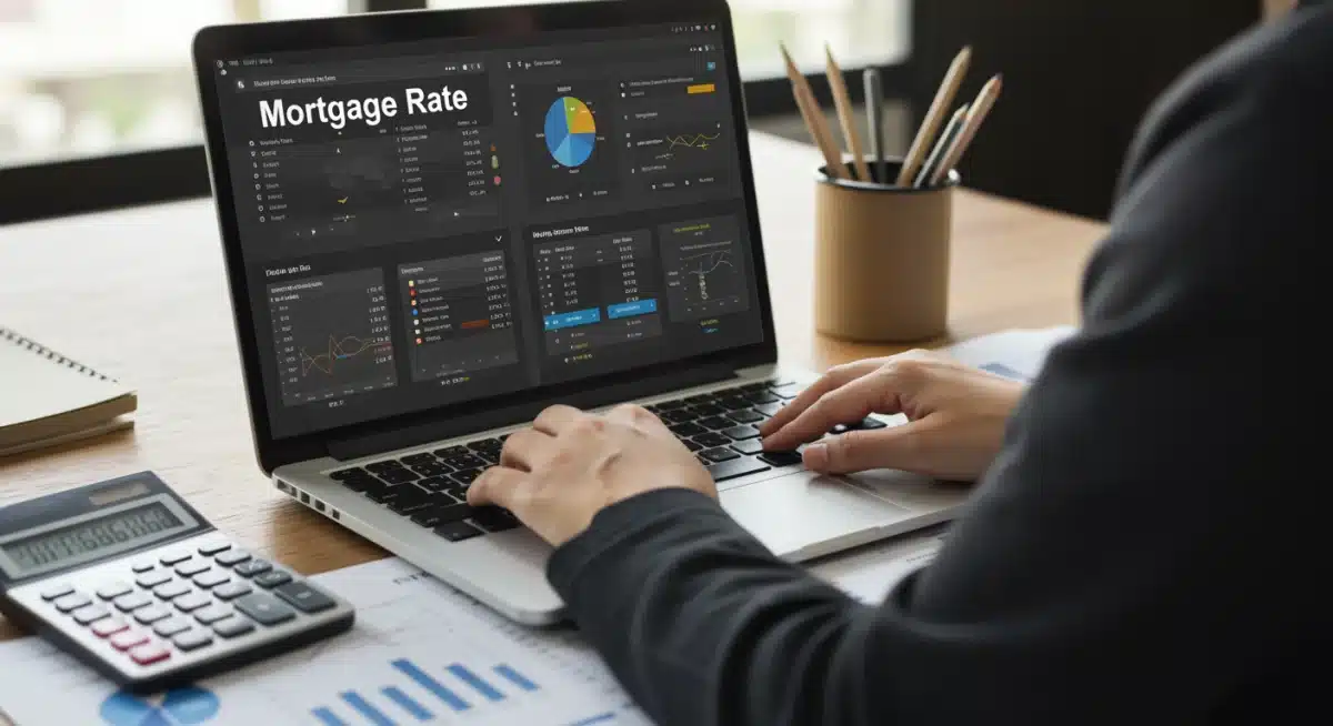 Person researching mortgage rates and financial projections on a laptop
