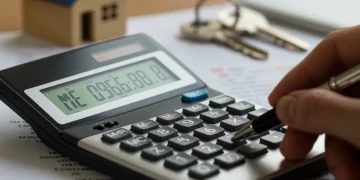 Calculator showing mortgage savings with financial documents and house keys