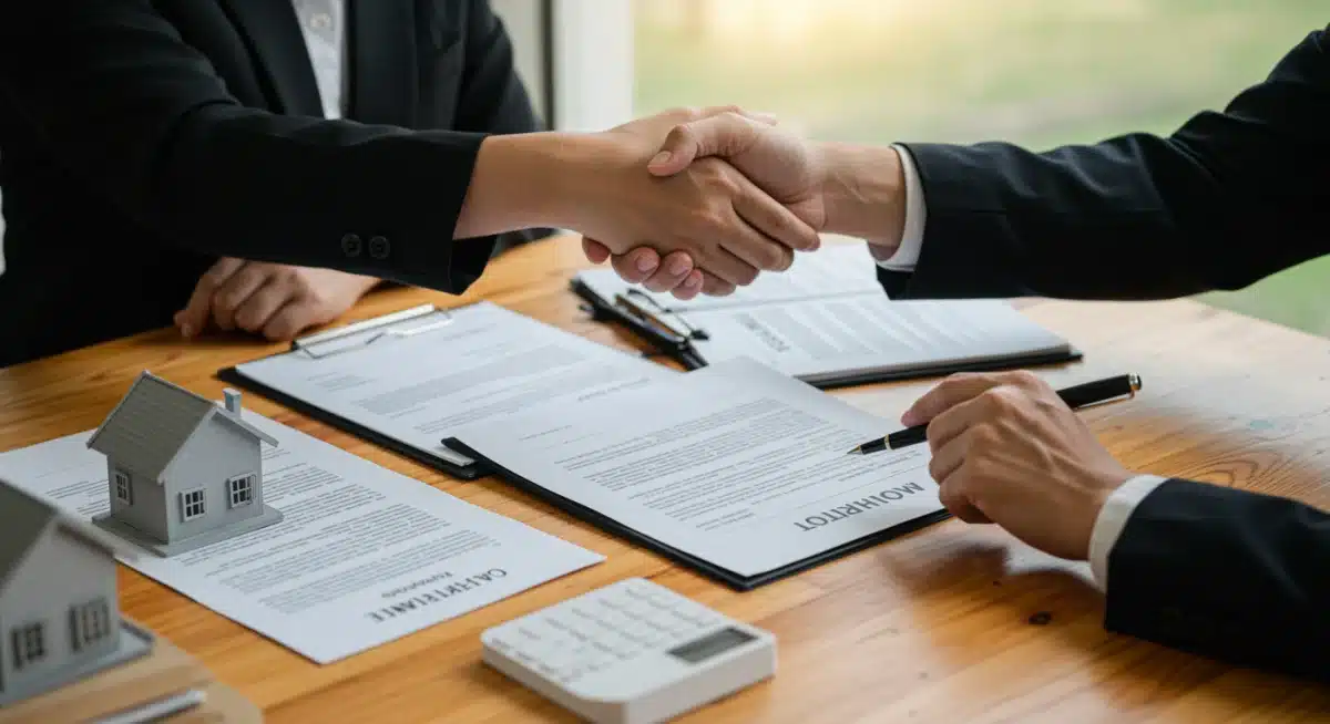 Handshake over real estate documents, with a finger pointing to contract details, symbolizing negotiation and clarity on fees.