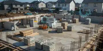 Modern new home construction site with building materials and partially built houses under a clear sky, symbolizing supply chain impacts.