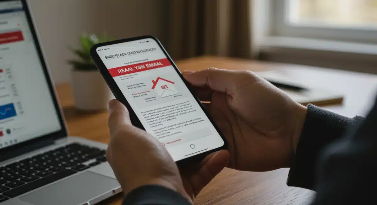 Person viewing a phishing email on a smartphone, illustrating digital real estate scam tactics.
