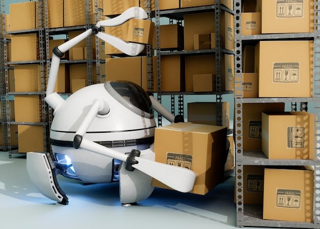 Industrial robots precisely moving packages within a sprawling, high-tech e-commerce fulfillment center, showcasing efficiency and automation.