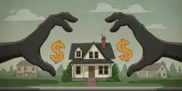 Illustration of predatory lending squeezing a house in the US housing market