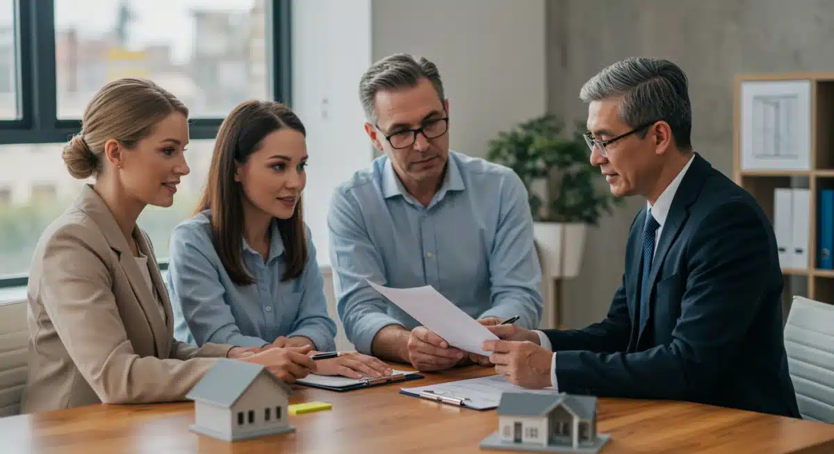 Clients consulting with a real estate agent, reviewing documents for transaction verification.