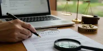 Close-up of a real estate contract with a pen, magnifying glass, and laptop, symbolizing detailed legal review.