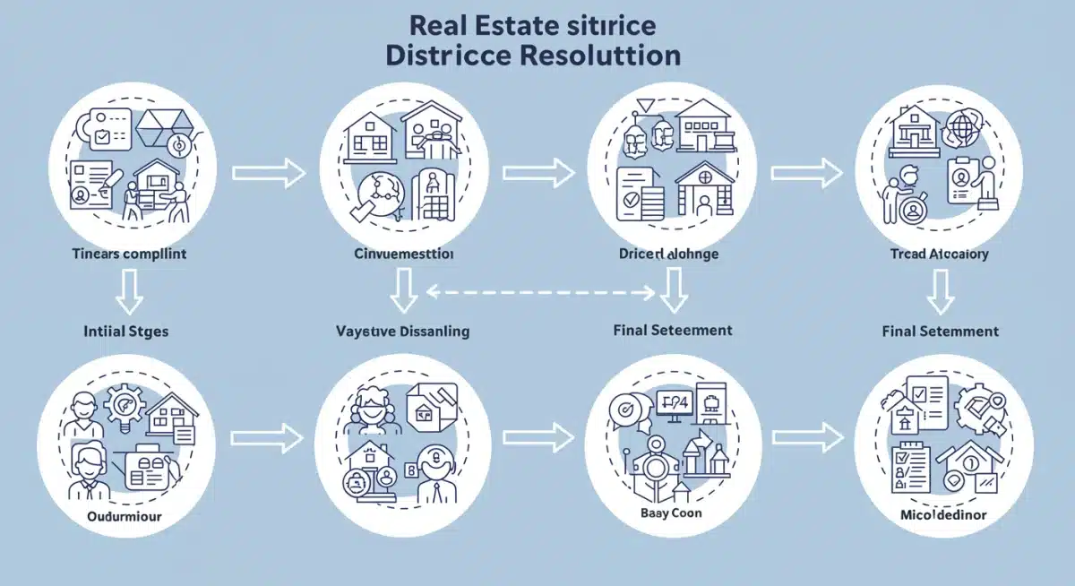 Infographic detailing the stages of real estate dispute resolution with advocacy support