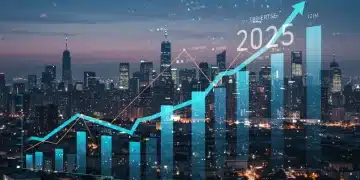 Dynamic urban landscape with financial graphs, representing strategic real estate investment opportunities in 2025.