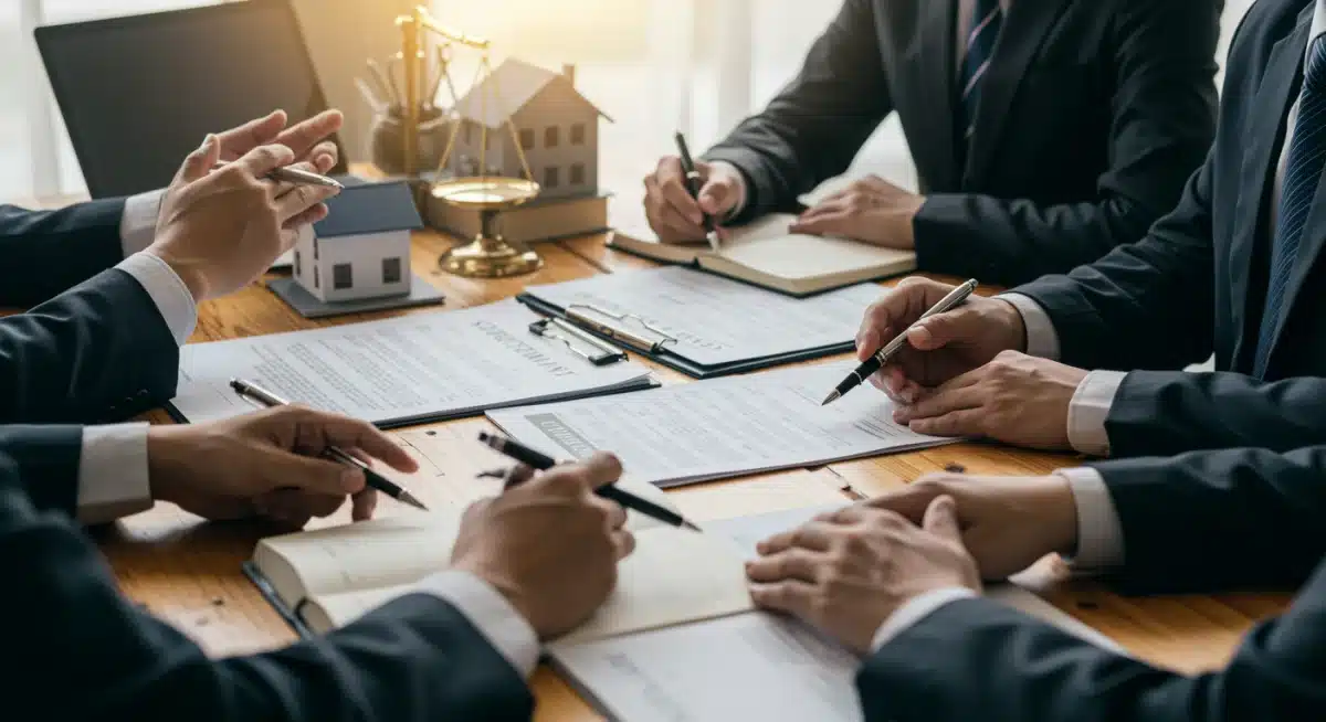 Real estate professionals discussing new property laws and regulations.