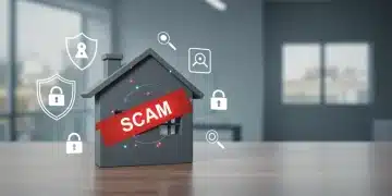 Illustration of a house with a scam warning overlay, symbolizing real estate fraud prevention.