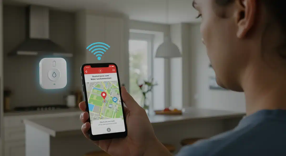 Homeowner receiving real-time water leak alert on smartphone