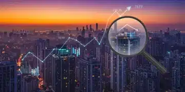 Modern city skyline at dawn with overlayed rental market trend graph