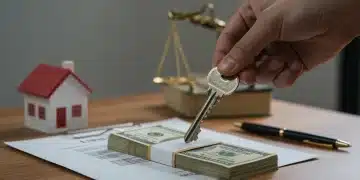 Hand placing key on money stack with house and legal documents, symbolizing secure down payment.