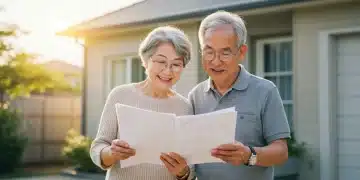 Happy senior couple reviewing reverse mortgage documents at home