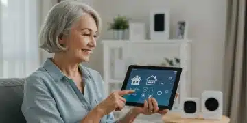 Senior woman using smart home tablet for comfort