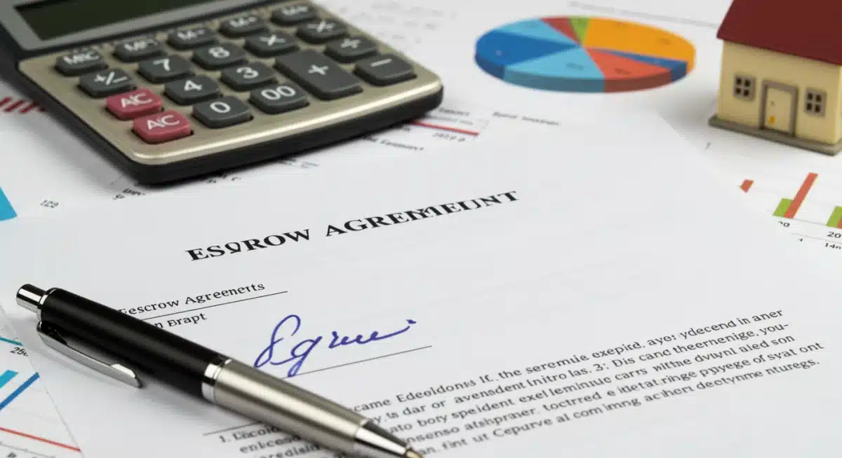 Signed escrow agreement with pen, calculator, and financial statements.