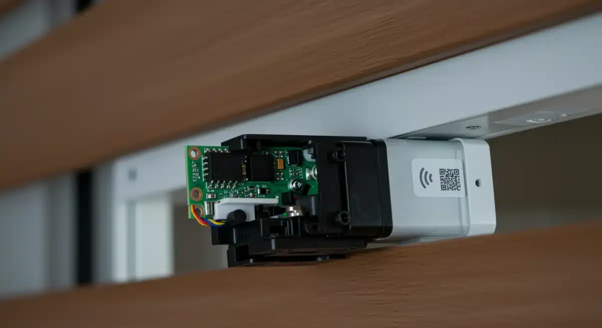 Close-up of smart blind motor and control hub for automated window treatments.