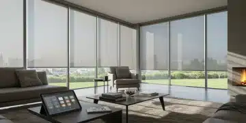 Modern living room with smart blinds, demonstrating energy efficiency and privacy control.