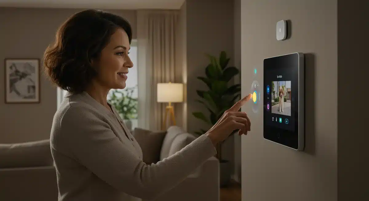 Homeowner using a central smart home control panel for integrated system management.