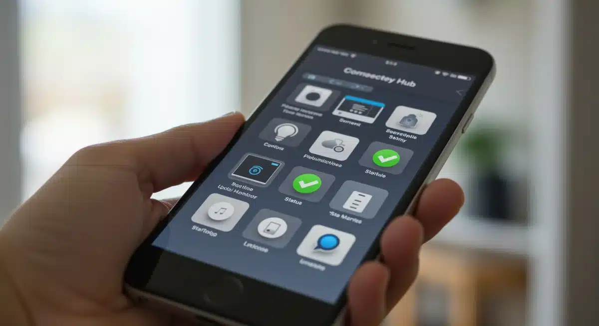 Smartphone displaying smart home hub interface with connected devices.