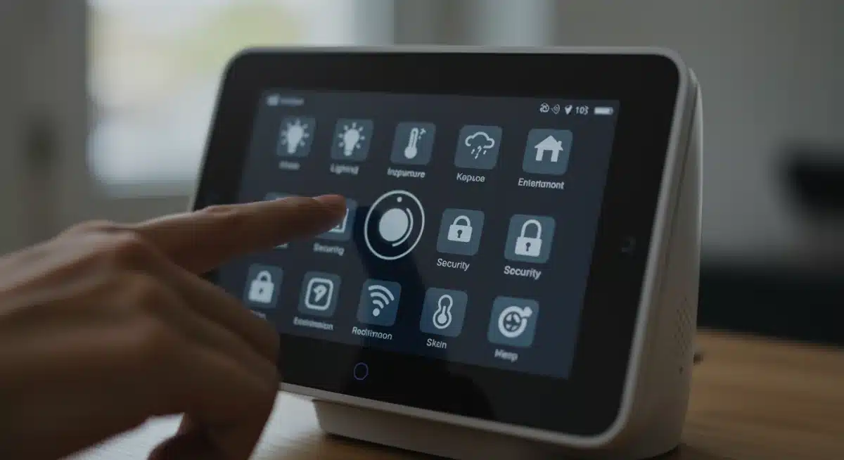 User interacting with a smart home hub touchscreen, managing various connected devices.
