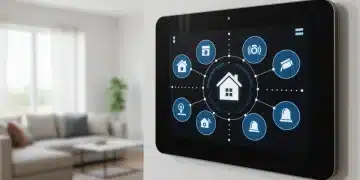 Modern smart home security system control panel with integrated camera and sensor icons.