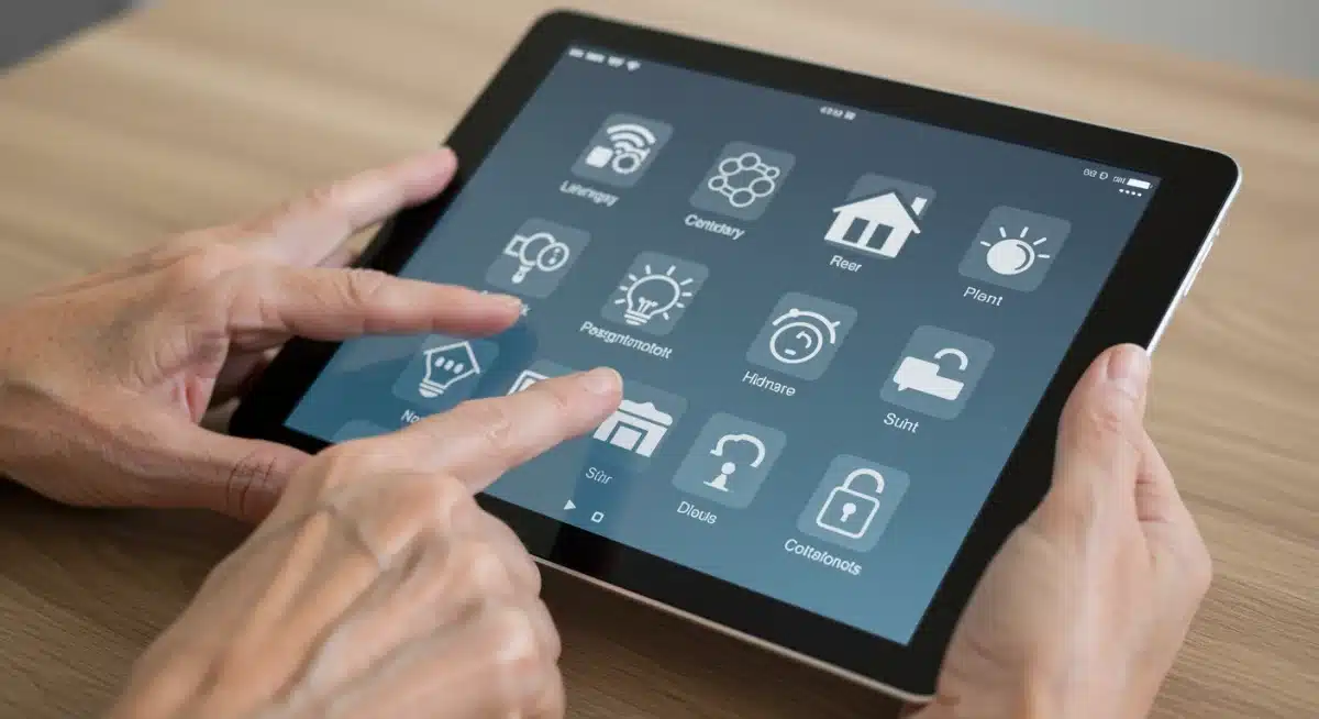 Elderly individual using a user-friendly smart home control tablet.