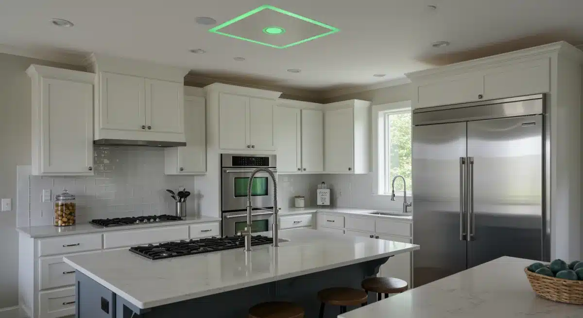 Air quality sensor seamlessly integrated into a smart home kitchen ceiling.