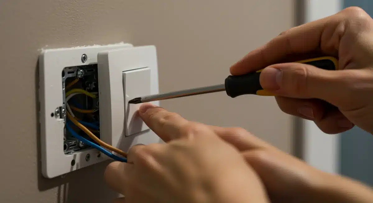 Hand installing a smart light switch in a wall.