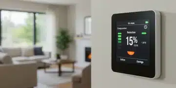 Smart thermostat displaying 15% energy savings in a modern US home