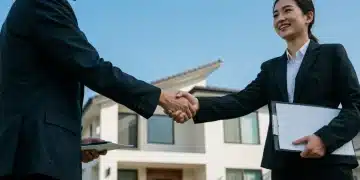 Couple shaking hands with agent after successful pre-approved home offer