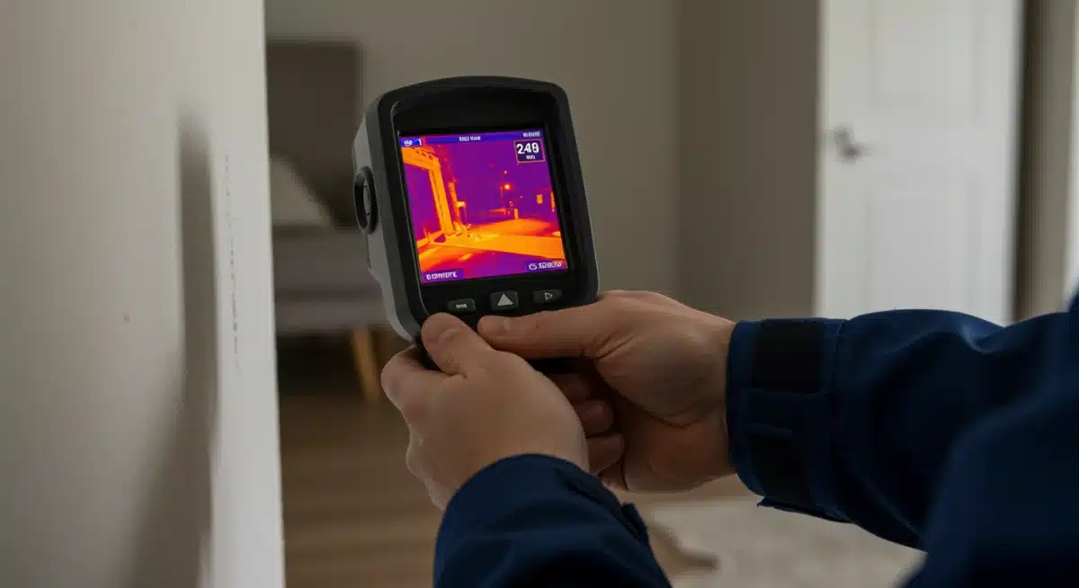 Home inspector using thermal imaging camera on wall