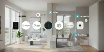 Four leading home automation platforms, Amazon Alexa, Google Home, Apple HomeKit, and Samsung SmartThings, interconnected within a modern smart home environment.