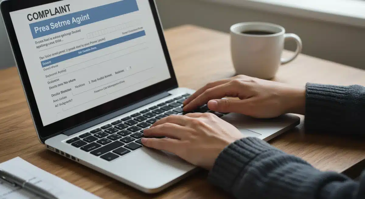 Hands typing a formal complaint on a laptop